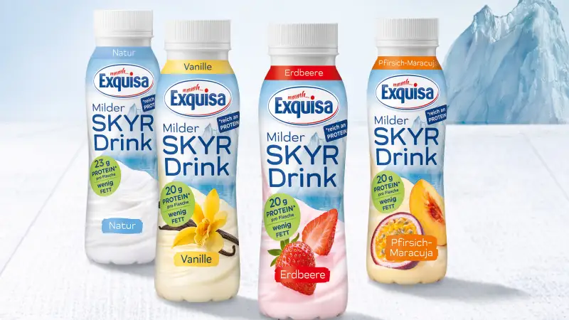 Abildung von Exquisa Skyr Drink Sorten Natur, Vanille, Erdbeere, und Pfirsich-Maracuja.