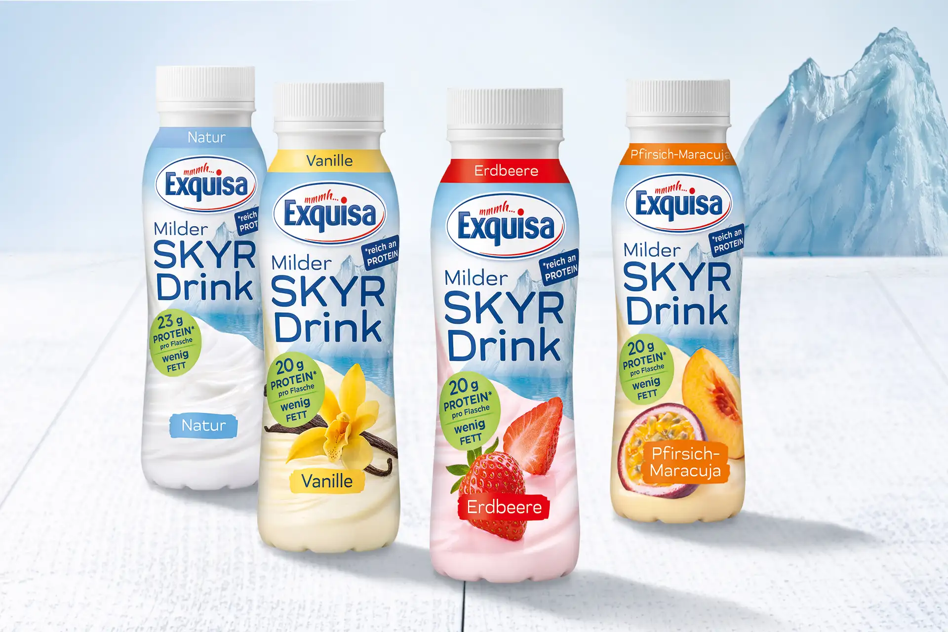 Abildung von Exquisa Skyr Drink Sorten Natur, Vanille, Erdbeere, und Pfirsich-Maracuja.
