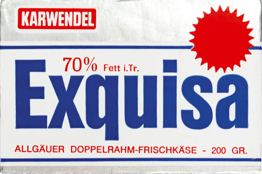 Historische Verpackung des Frischkäseprodukts Exquisa.