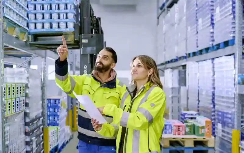 Zwei Logistikmitarbeiter in Warnwesten blicken im Kühllager nach oben vor verpackten Paletten.