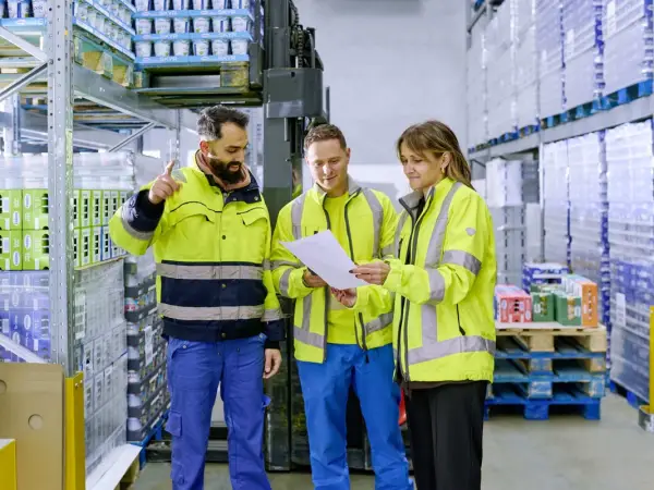 Drei Mitarbeiter der Logistik stehen im Kühllager vor gefüllten Paletten und besprechen sich.