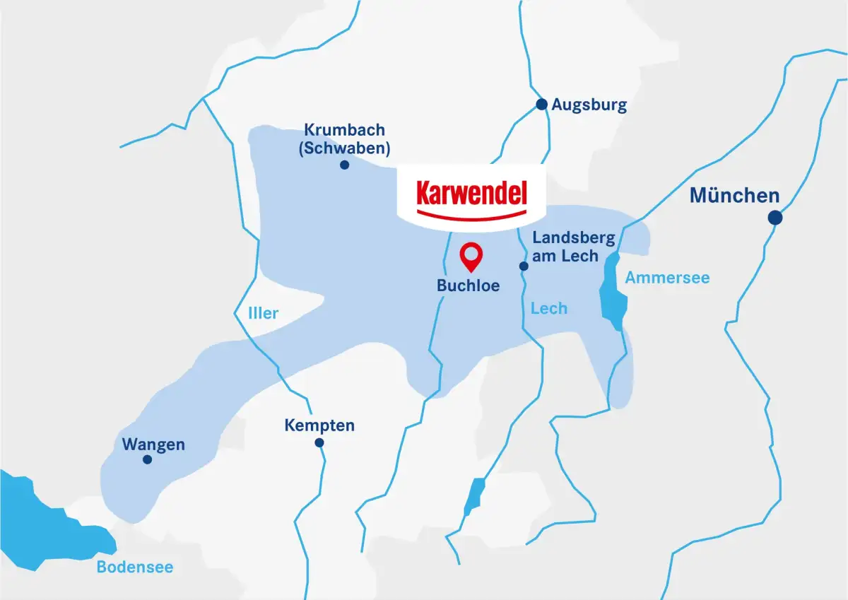 Karte des Milcheinzugsgebiets Karwendel in Südbayern zwischen Ammersee und Bodensee.