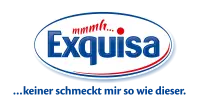 Blau-weiß-rotes Exquisa Logo mit blauem Claim "keiner schmeckt mir so wie dieser".