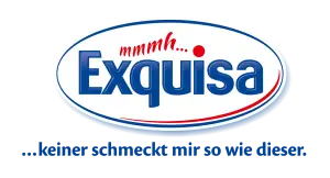 Blau-weiß-rotes Exquisa Logo mit blauem Claim "keiner schmeckt mir so wie dieser".