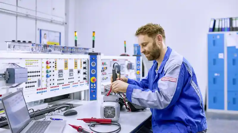 Technik Mitarbeitender sitzt an einem Elektropult und arbeitet.